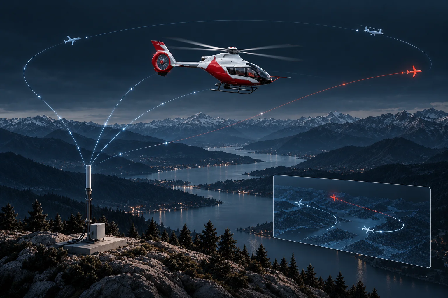 Konzeptionelle Illustration — Hubschrauber und weitere Flugzeuge mit Bodenempfangsantenne und Positionsspuren.