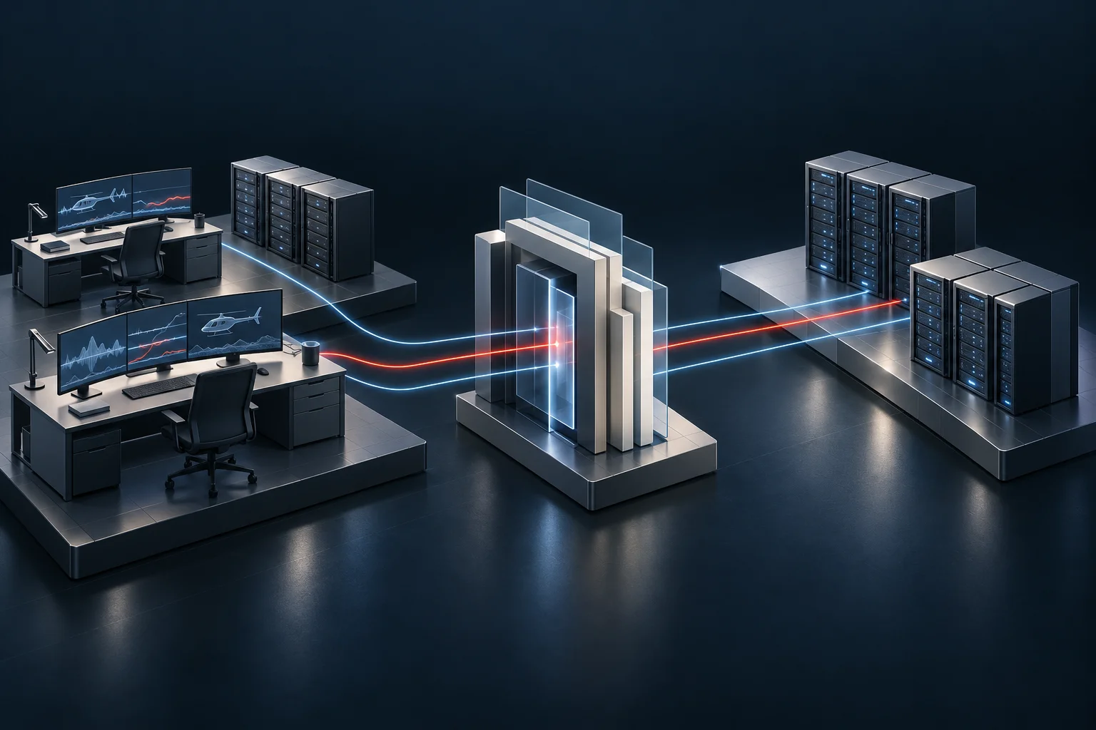 Conceptual illustration — Engineering workstations connected to corporate servers through a controlled gateway.