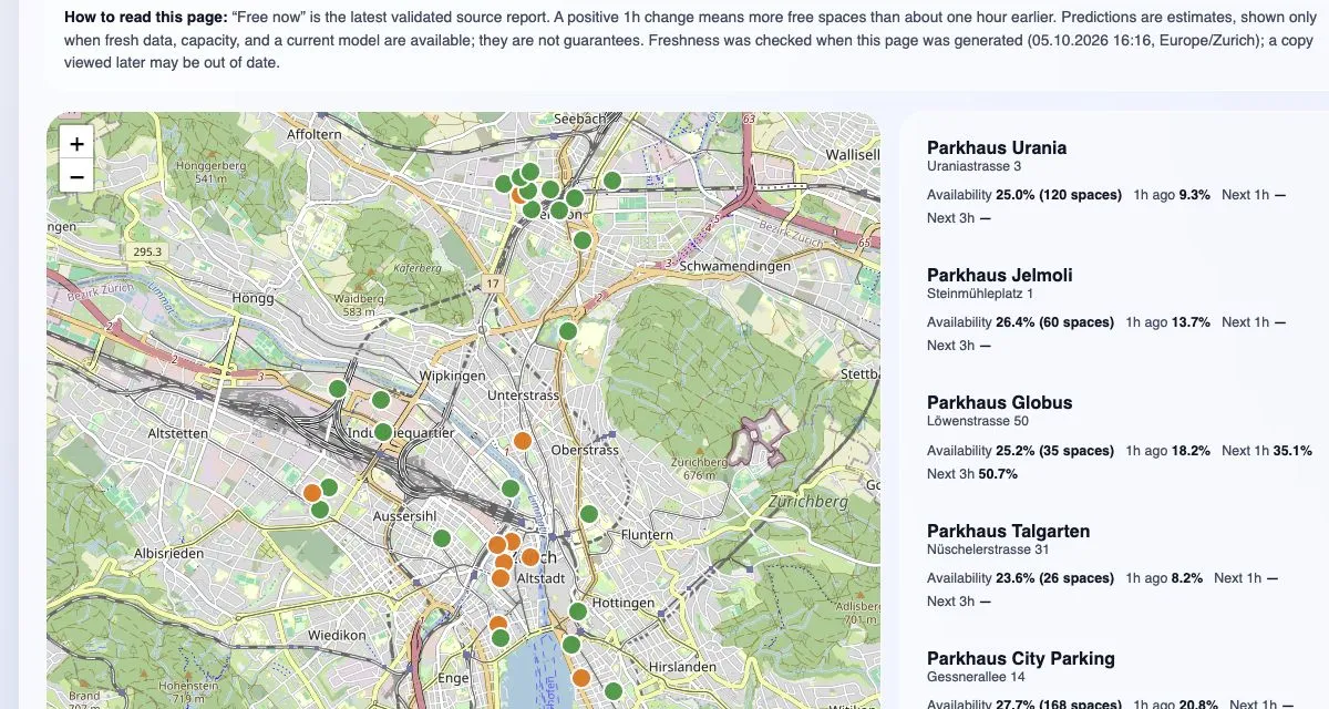 Interface réelle de findparking.ch à Zurich : carte et disponibilités des parkings