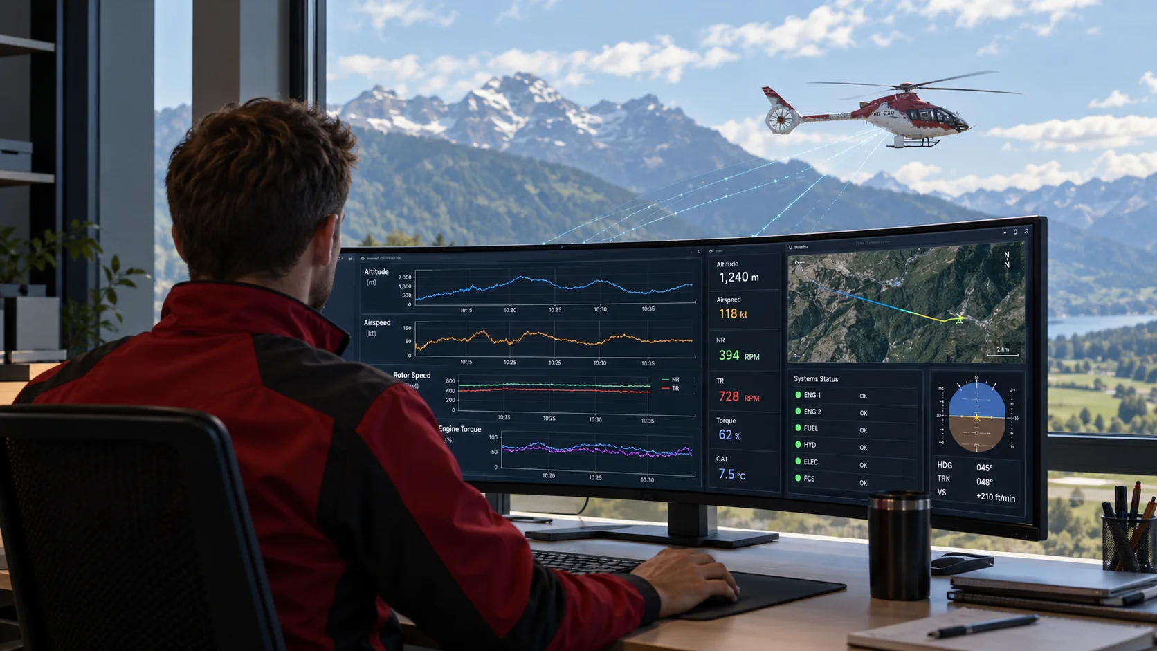 AI-generated illustration of an engineer viewing flight data on a curved monitor, with a helicopter outside the window.