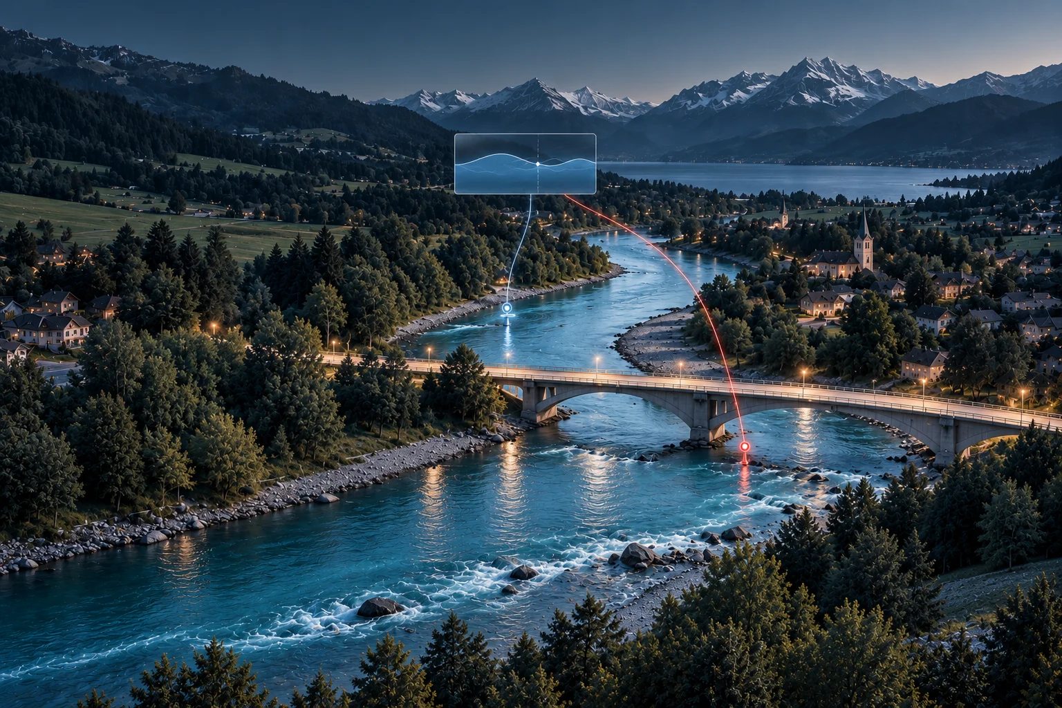Konzeptionelle Illustration — Schweizer Flusslandschaft mit Beobachtungspunkten und einer Wasserstandskurve.